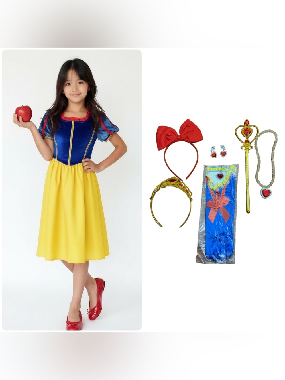 Girls Snow White Princess Halloween Costume with Red Accessories -- XL